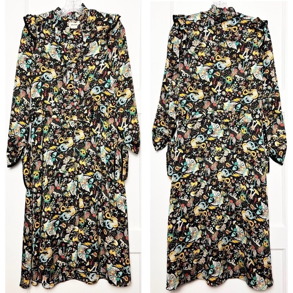 NEW ZADIG VOLTAIRE Circus Print Long Sleeve Tie Cuff Ruffled Button Up Dress XS - Picture 9 of 16
